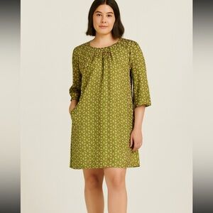 Retro Fossil A-Line Dress | Mid Century Mod Pink Green Geometric Pattern Size M